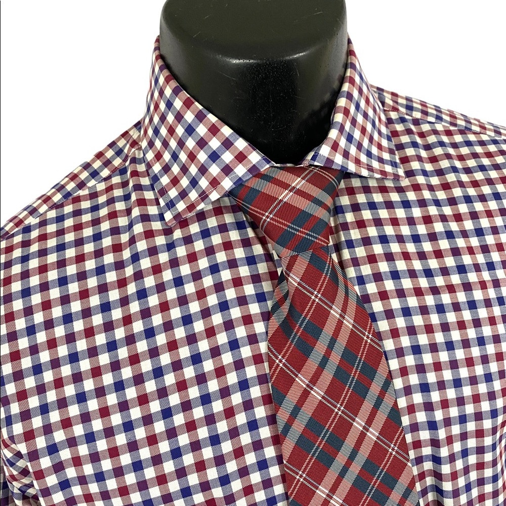 LEDBURY Mens Dress Shirt Plaid White Red Blue Formal Cotton 16 Business